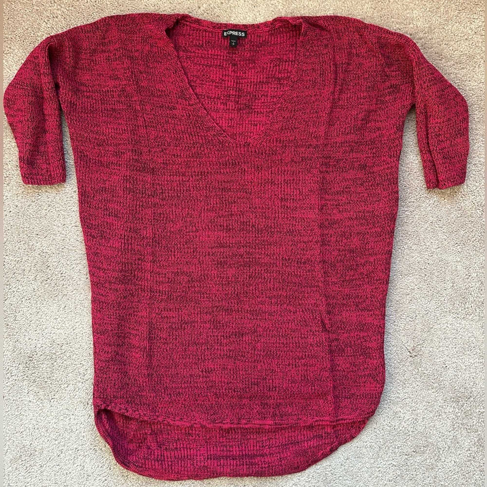 Express Magenta and Black Knit Sweater V Neck 3/4 Sleeve